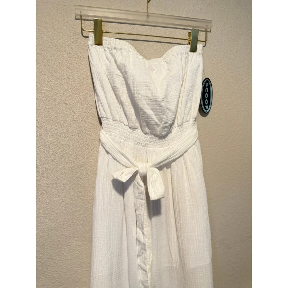 Scoop Womens Strapless White Gauze Midi Dress Smocked Waist Self Belt Small 4-6 - Picture 2 of 5
